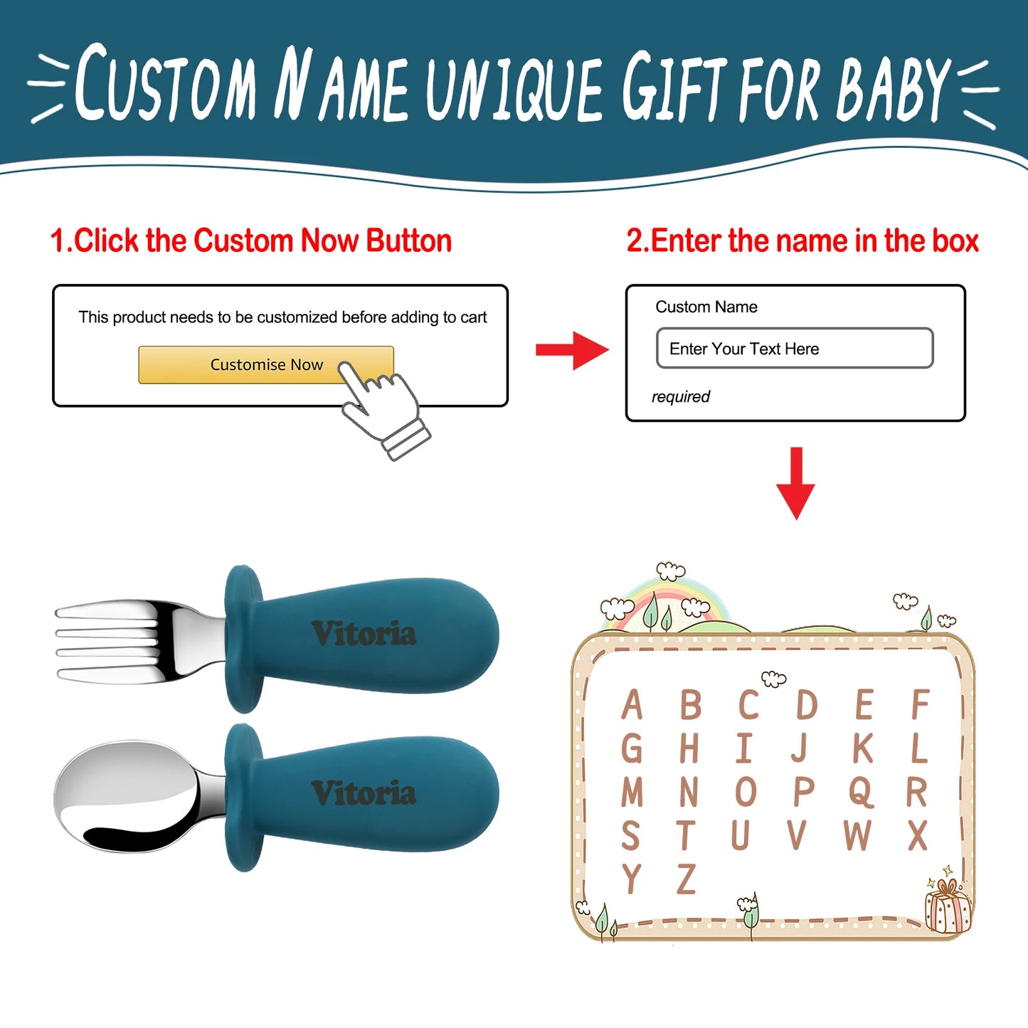 Support DIY names Baby Tableware Set Children Utensil Stainless Steel Toddler Dinnerware Cutlery Infant Food Feeding Spoon Fork