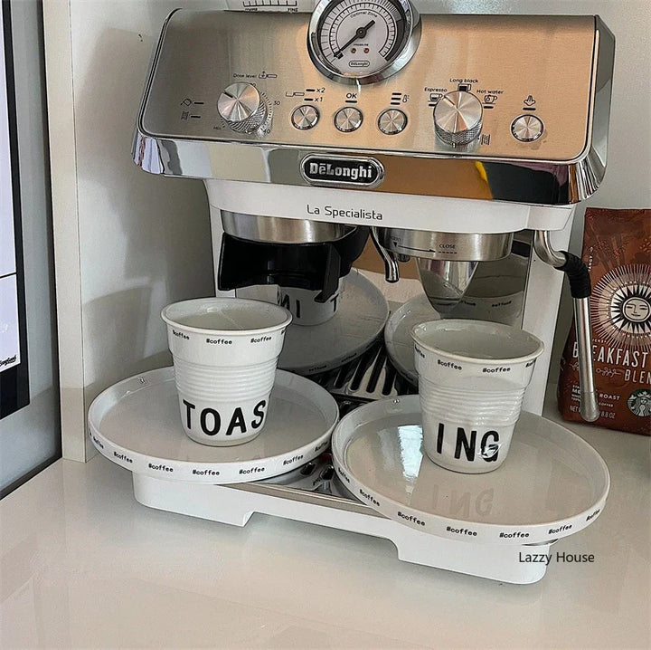 Korean Style White Ceramic Coffee Mug 200ml Nordic Wrinkle Design 6.7oz Drinking Tumbler with English Lettering Universal Drinkware