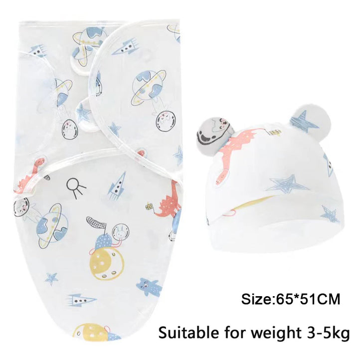 Baby Swaddle & Hat Set – Soft Cartoon Cotton for 0–6 Months