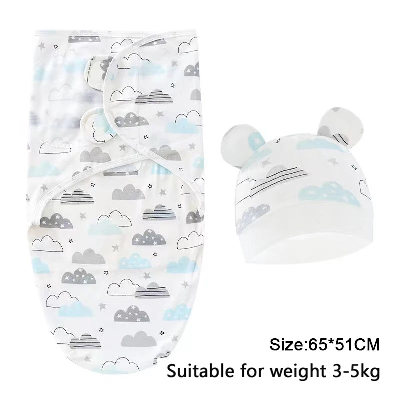 Baby Swaddle & Hat Set – Soft Cartoon Cotton for 0–6 Months