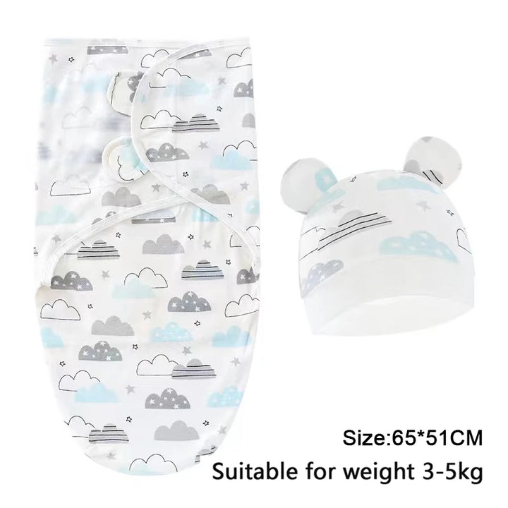 Baby Swaddle & Hat Set – Soft Cartoon Cotton for 0–6 Months