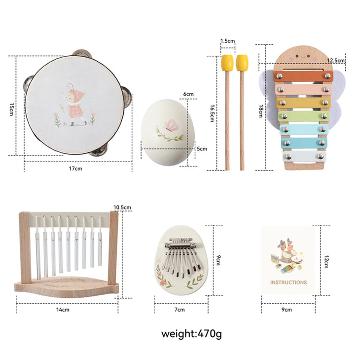 Montessori Baby Music Toys Set Wooden Xylophone Rattle Drum Bell Educational Instrument for 0-12 Months Learning Gift Set