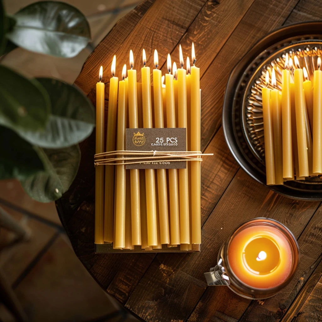 25PCS Natural Beeswax Hanukkah Candles – Thin Tapered, Unscented Honey Wax for Rituals & Celebrations