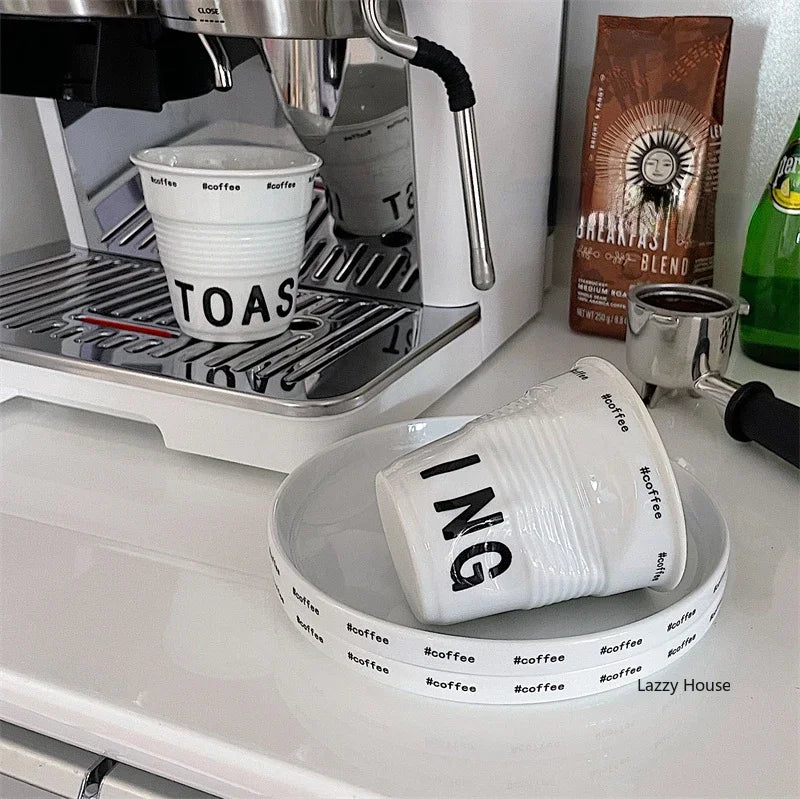 Korean Style White Ceramic Coffee Mug 200ml Nordic Wrinkle Design 6.7oz Drinking Tumbler with English Lettering Universal Drinkware