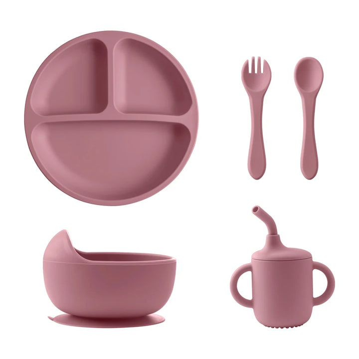 BPA Free Silicone Baby Feeding Set with Sucker Bowl Plate Straw Cup Spoon Fork for Infants And Toddlers Children's Tableware