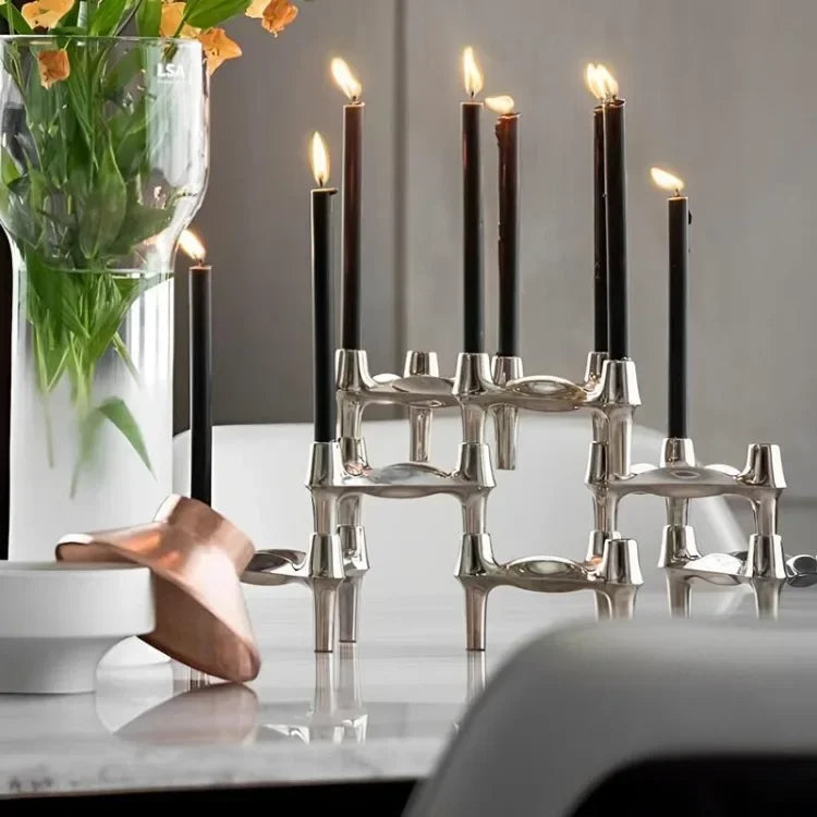 Nordic Silver Metal Molecular Structure Candle Holder Modern Style Stainless Steel Candelabra Living Room Centerpiece Decoration Gift