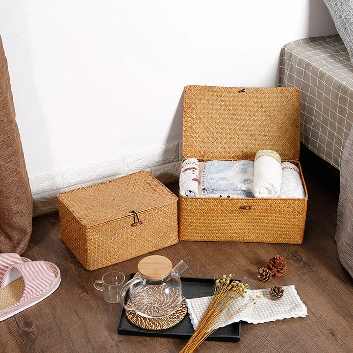 Handmade Seagrass Woven Storage Box with Lid Eco-Friendly Seaweed Finishing Basket for Bath Cosmetic Towel Sundry Storage