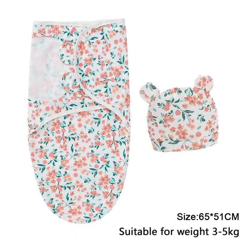 Baby Swaddle & Hat Set – Soft Cartoon Cotton for 0–6 Months