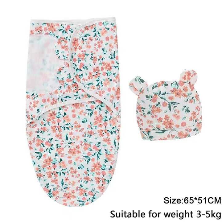 Baby Swaddle & Hat Set – Soft Cartoon Cotton for 0–6 Months