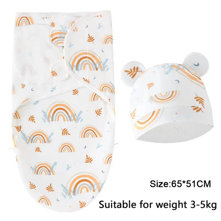 Baby Swaddle & Hat Set – Soft Cartoon Cotton for 0–6 Months