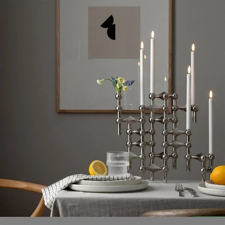 Nordic Silver Metal Molecular Structure Candle Holder Modern Style Stainless Steel Candelabra Living Room Centerpiece Decoration Gift