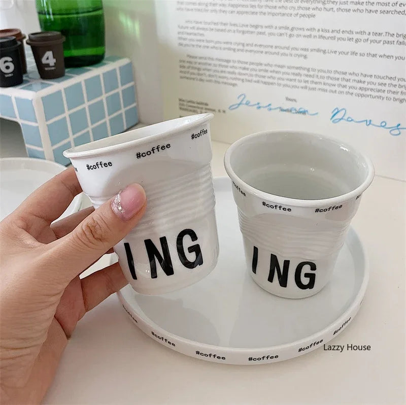 Korean Style White Ceramic Coffee Mug 200ml Nordic Wrinkle Design 6.7oz Drinking Tumbler with English Lettering Universal Drinkware