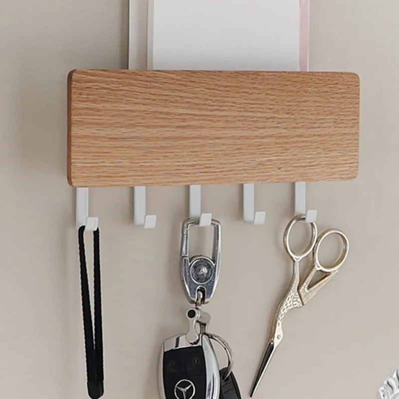 Rustic Wood Wall Key Holder with 5 Hooks Farmhouse Style Floating Shelf Home Decor Organizing Storage Solution