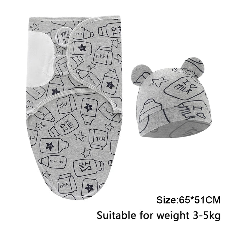 Baby Swaddle & Hat Set – Soft Cartoon Cotton for 0–6 Months