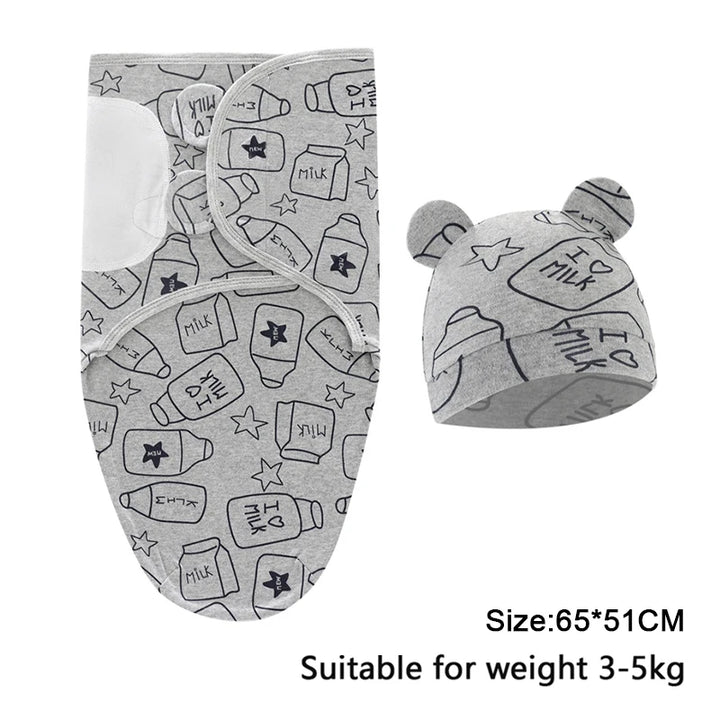 Baby Swaddle & Hat Set – Soft Cartoon Cotton for 0–6 Months