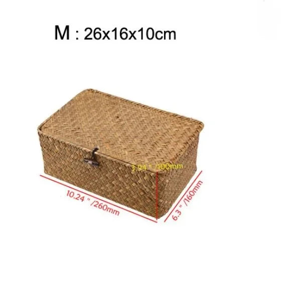 Handmade Seagrass Woven Storage Box with Lid Eco-Friendly Seaweed Finishing Basket for Bath Cosmetic Towel Sundry Storage