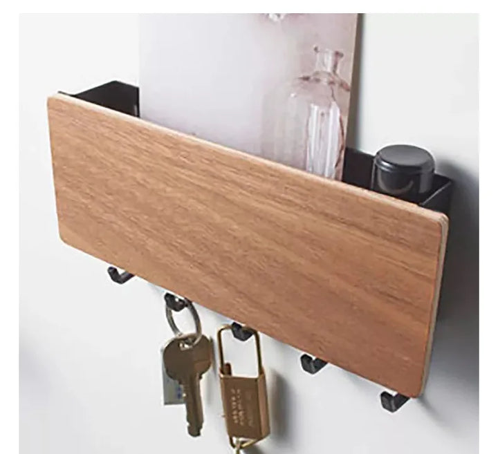 Rustic Wood Wall Key Holder with 5 Hooks Farmhouse Style Floating Shelf Home Decor Organizing Storage Solution