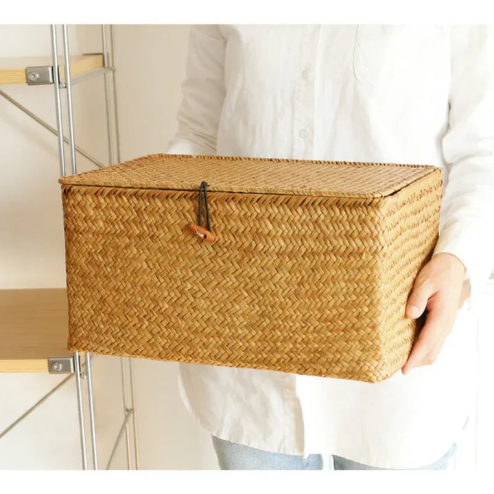 Handmade Seagrass Woven Storage Box with Lid Eco-Friendly Seaweed Finishing Basket for Bath Cosmetic Towel Sundry Storage