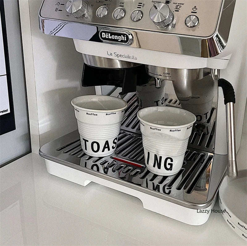 Korean Style White Ceramic Coffee Mug 200ml Nordic Wrinkle Design 6.7oz Drinking Tumbler with English Lettering Universal Drinkware