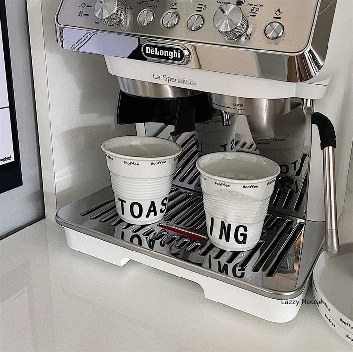 Korean Style White Ceramic Coffee Mug 200ml Nordic Wrinkle Design 6.7oz Drinking Tumbler with English Lettering Universal Drinkware