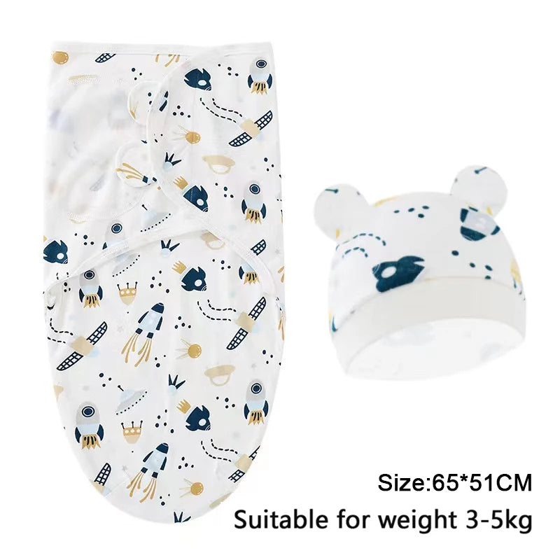 Baby Swaddle & Hat Set – Soft Cartoon Cotton for 0–6 Months