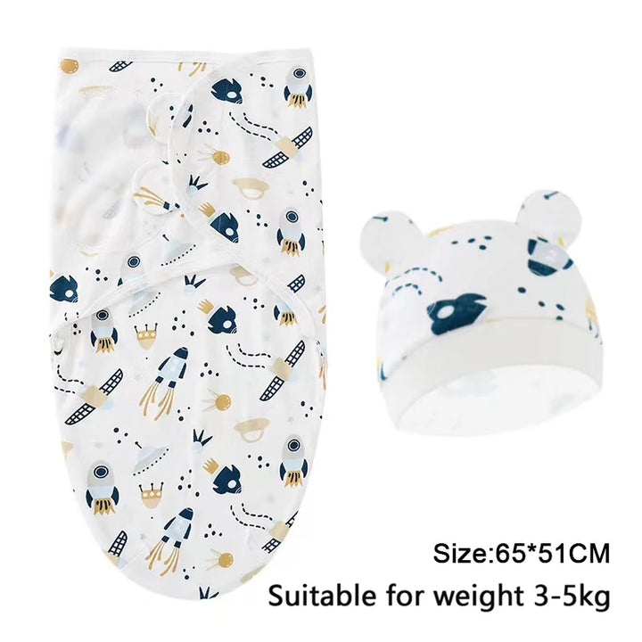 Baby Swaddle & Hat Set – Soft Cartoon Cotton for 0–6 Months