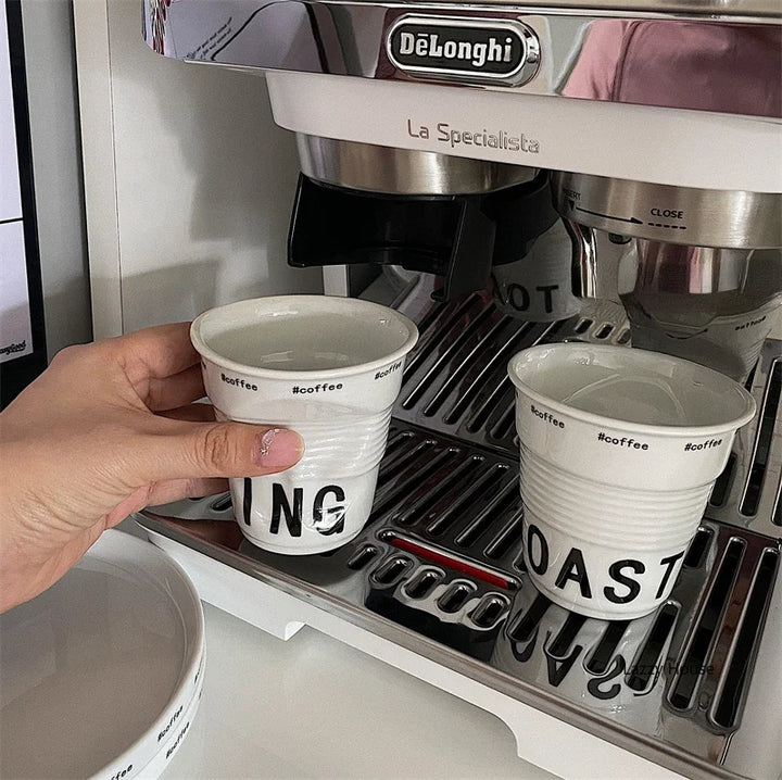 Korean Style White Ceramic Coffee Mug 200ml Nordic Wrinkle Design 6.7oz Drinking Tumbler with English Lettering Universal Drinkware