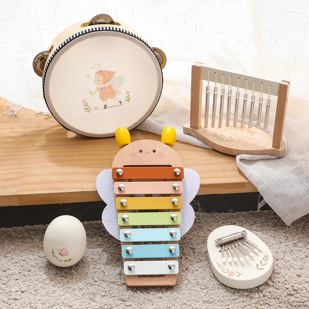Montessori Baby Music Toys Set Wooden Xylophone Rattle Drum Bell Educational Instrument for 0-12 Months Learning Gift Set