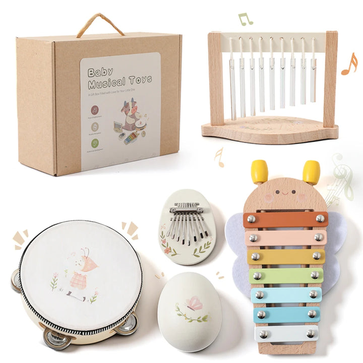 Montessori Baby Music Toys Set Wooden Xylophone Rattle Drum Bell Educational Instrument for 0-12 Months Learning Gift Set