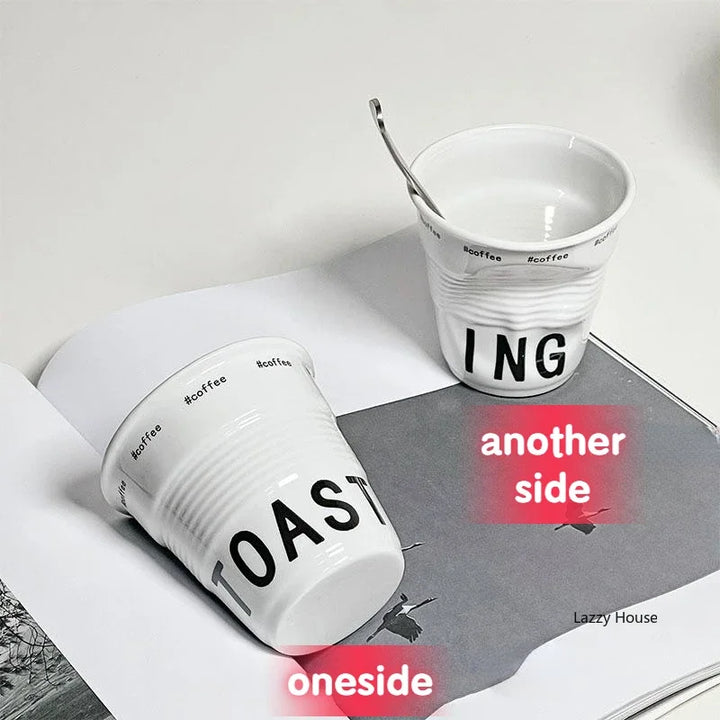 Korean Style White Ceramic Coffee Mug 200ml Nordic Wrinkle Design 6.7oz Drinking Tumbler with English Lettering Universal Drinkware