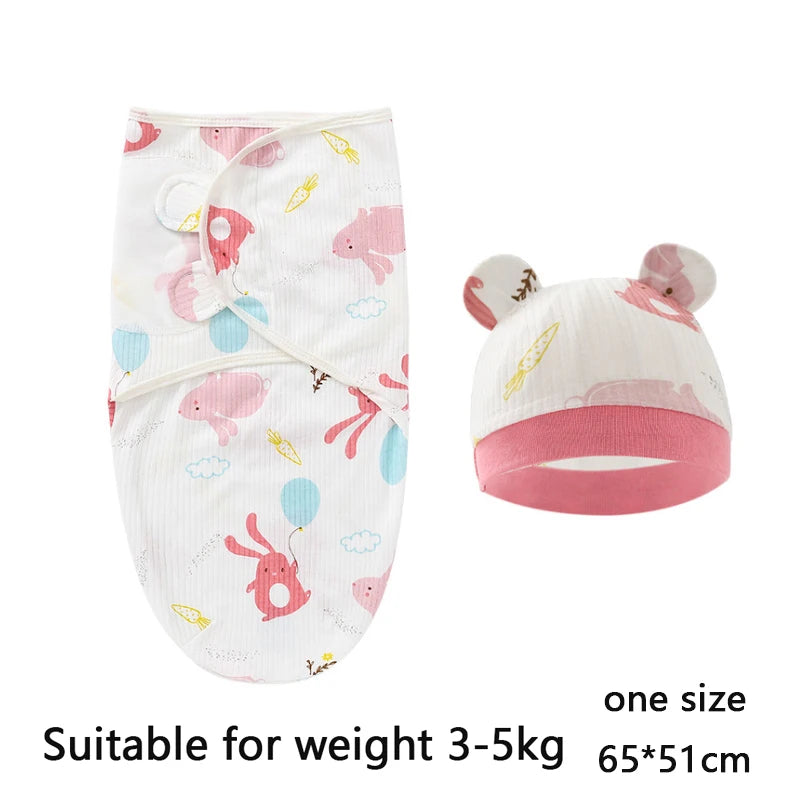 Baby Swaddle & Hat Set – Soft Cartoon Cotton for 0–6 Months