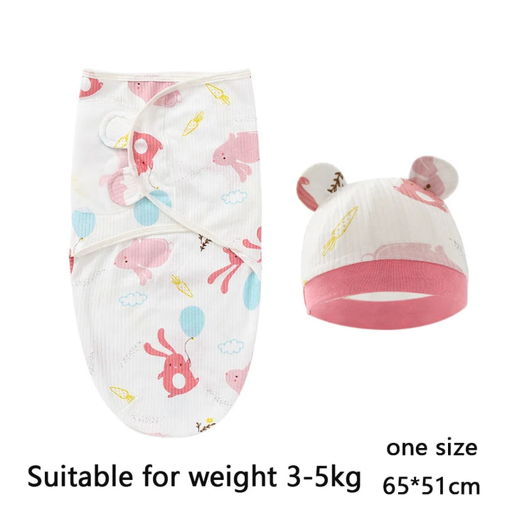 Baby Swaddle & Hat Set – Soft Cartoon Cotton for 0–6 Months
