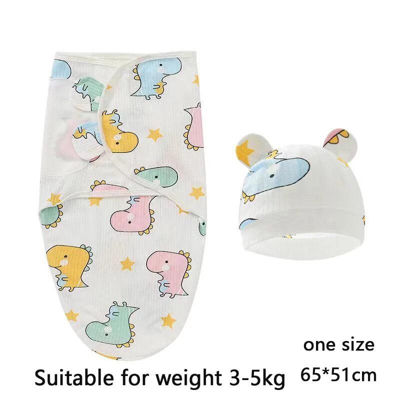 Baby Swaddle & Hat Set – Soft Cartoon Cotton for 0–6 Months