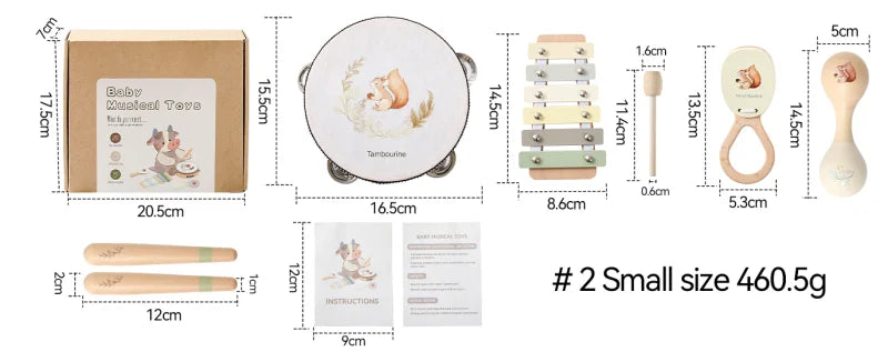 Montessori Baby Music Toys Set Wooden Xylophone Rattle Drum Bell Educational Instrument for 0-12 Months Learning Gift Set