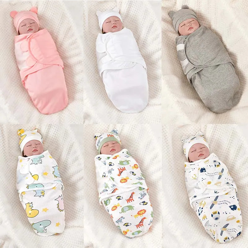 Baby Swaddle & Hat Set – Soft Cartoon Cotton for 0–6 Months