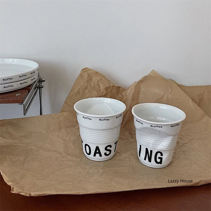 Korean Style White Ceramic Coffee Mug 200ml Nordic Wrinkle Design 6.7oz Drinking Tumbler with English Lettering Universal Drinkware