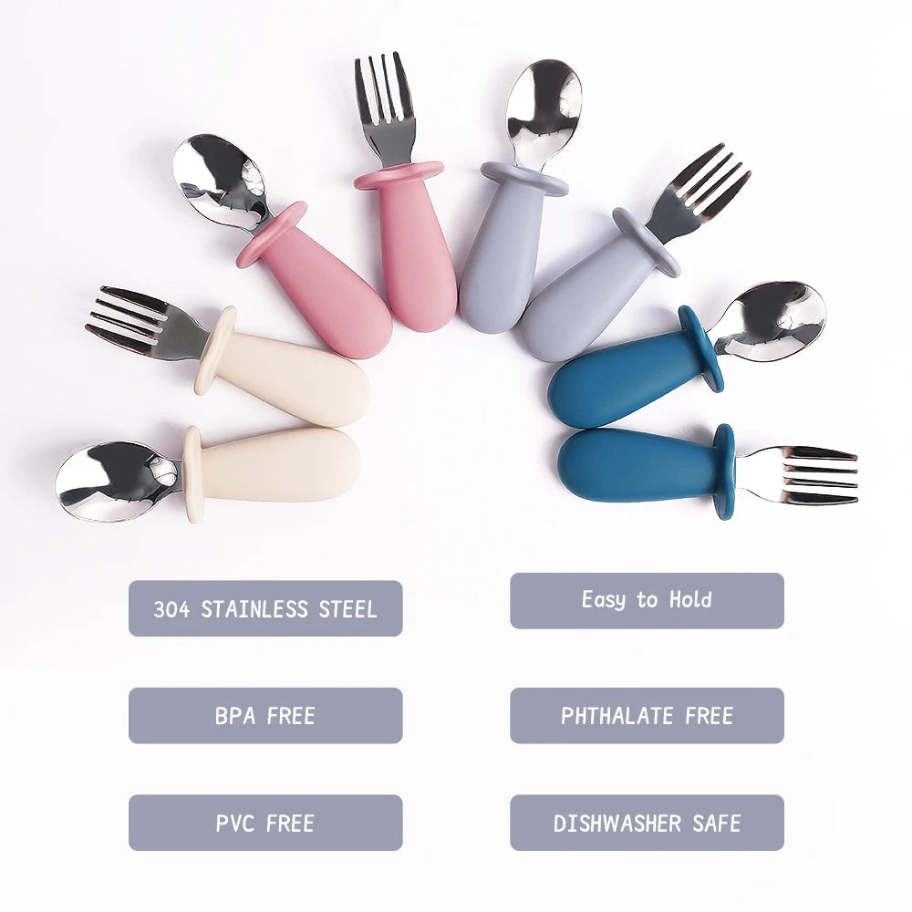 Support DIY names Baby Tableware Set Children Utensil Stainless Steel Toddler Dinnerware Cutlery Infant Food Feeding Spoon Fork