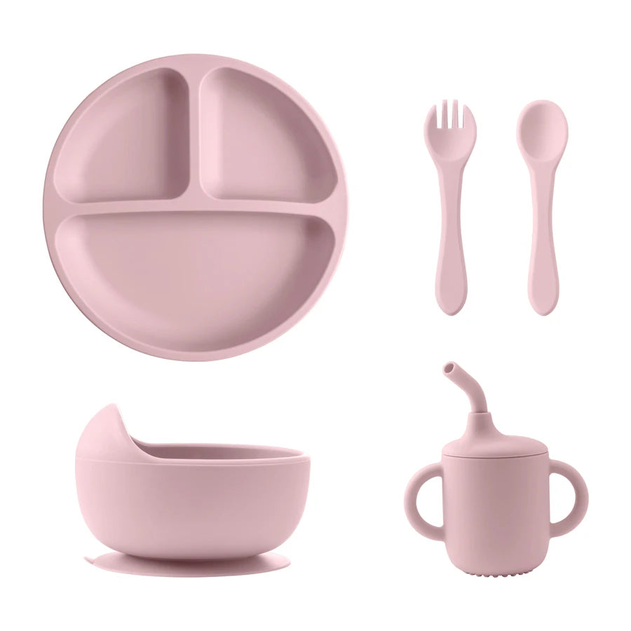 BPA Free Silicone Baby Feeding Set with Sucker Bowl Plate Straw Cup Spoon Fork for Infants And Toddlers Children's Tableware