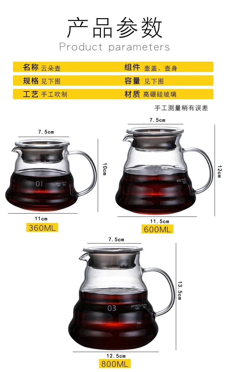 Heat Resistant Clear Glass Coffee Pot 360/600/800ml with Lid Pour over Espresso Maker Sharing Kettle Espresso Maker Accessories