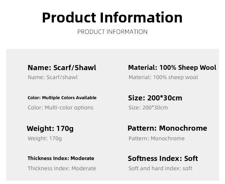 Ladies 100% Pure Wool Scarf Versatile Simple Design Warm Solid Color Shawl for Autumn Winter Commute