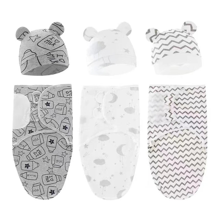 Baby Swaddle & Hat Set – Soft Cartoon Cotton for 0–6 Months